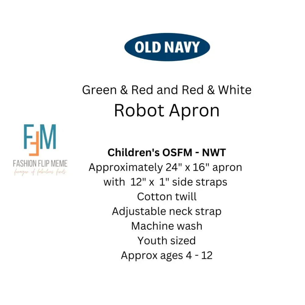 Old Navy Red & White Retro Cotton Canvas Robot Apron Youth OS Unisex VTG New!